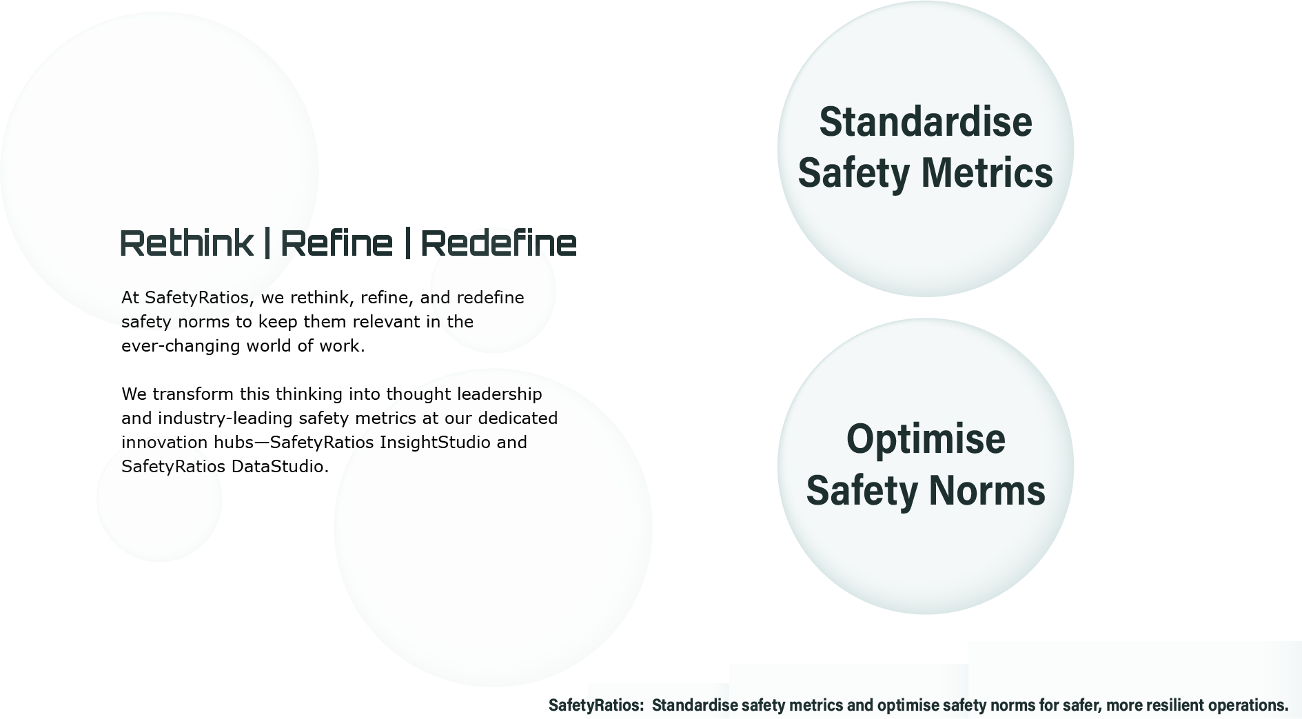 Introduction to the SafetyRatios' mission and methods and approach to occupational
             safety and health management.