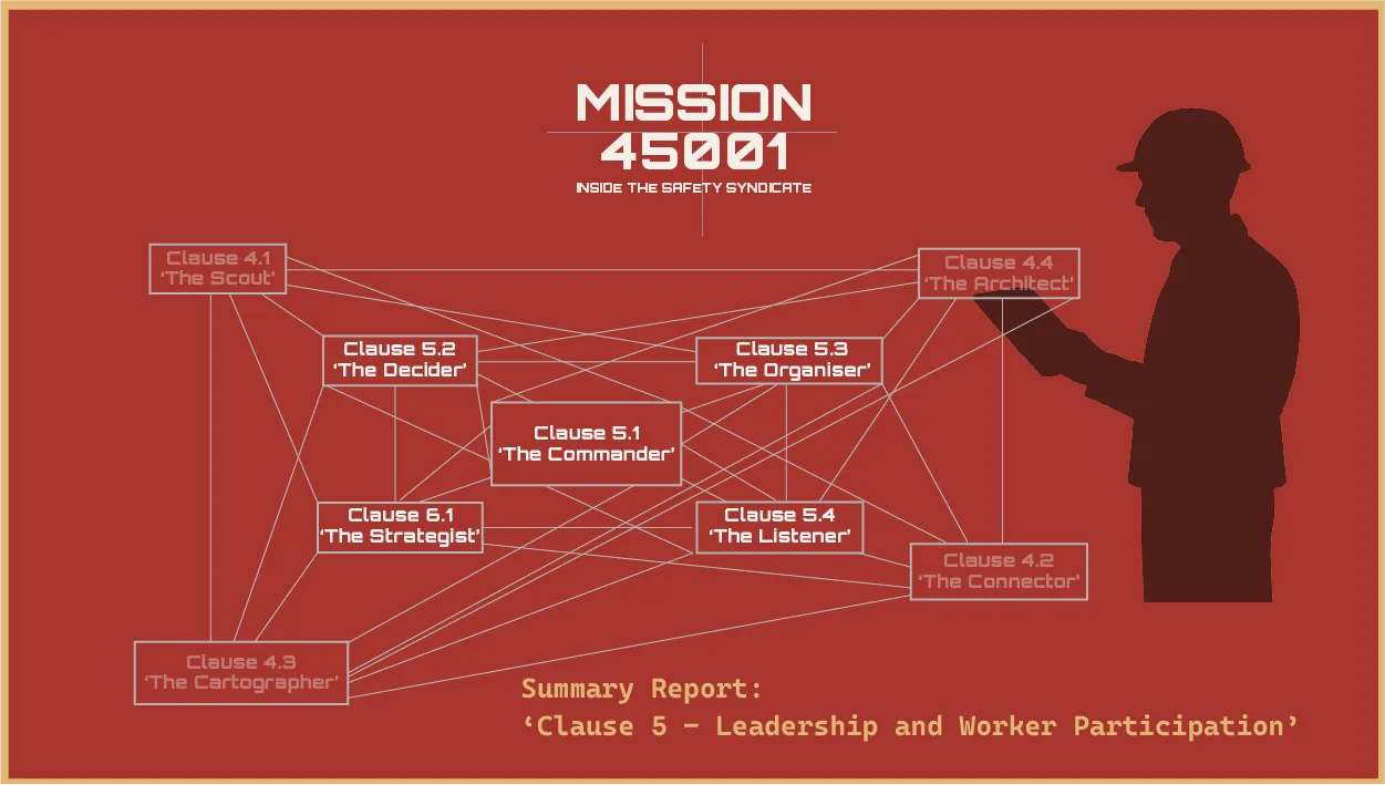 ISO 45001 Clause 5 summary report: the Five Pillars' four members walked across requirements, field, strategy and evidence