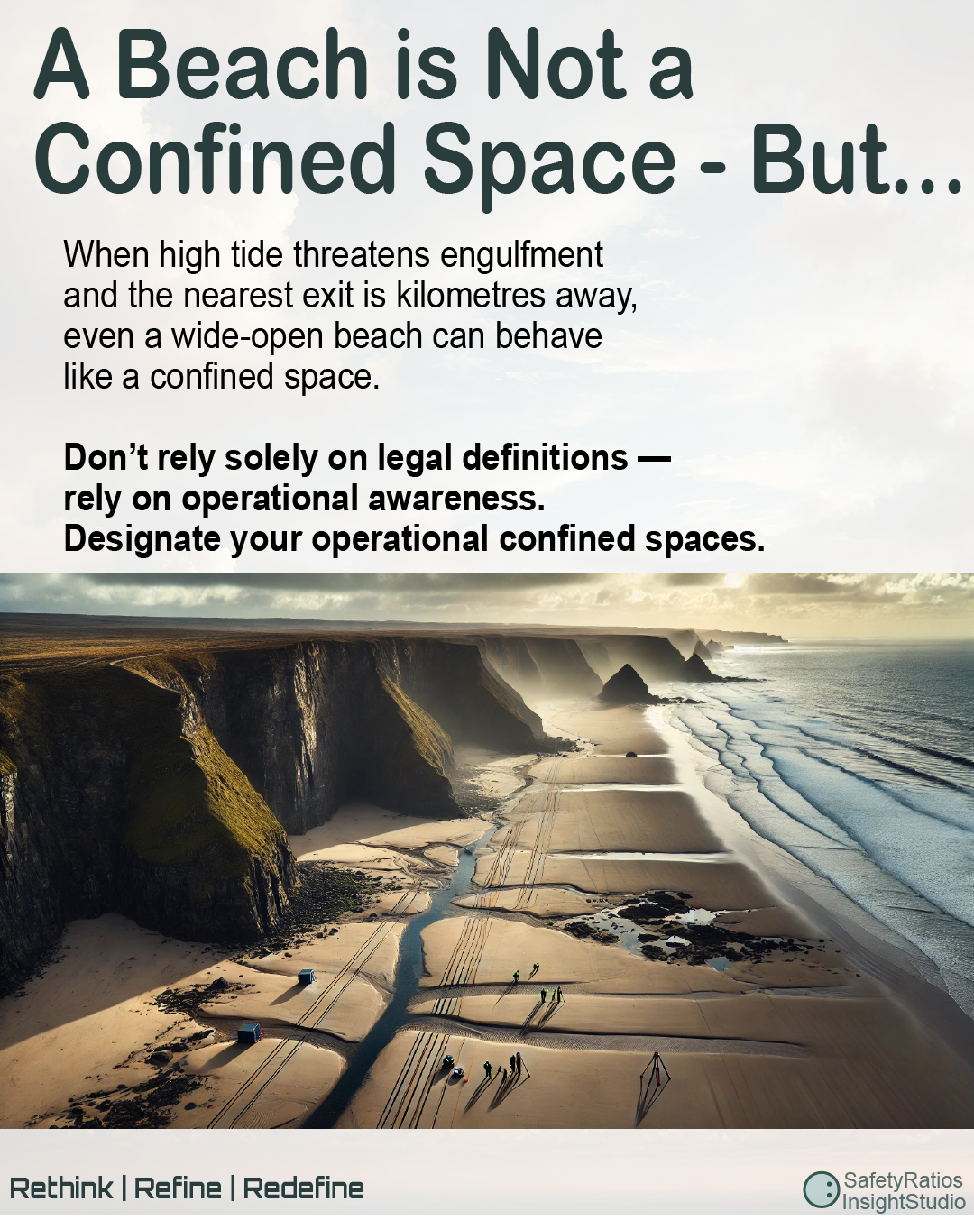 Poster titled When Open Spaces Behave Like Confined Spaces, highlighting the risk of high tide and distant egress on beaches and urging workers to designate operational confined spaces based on conditions, not just legal definitions.