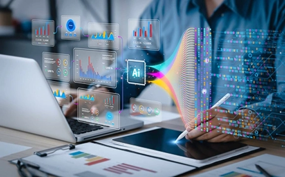 Office with worker at screen reviewing AI-enabled safety workflows